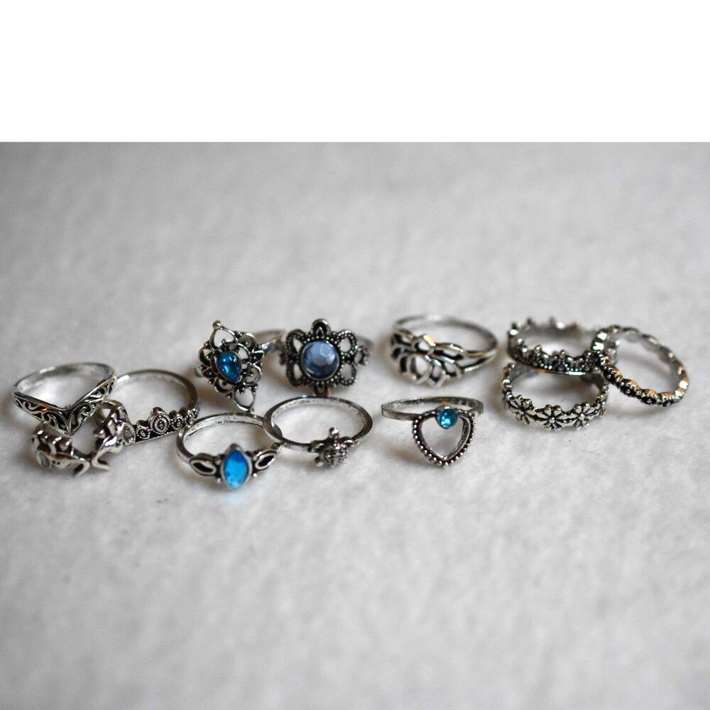 NWOT 12pc Set Stackable Silver Tone Blue Rhinestone Size 6 to 8.5 Rings